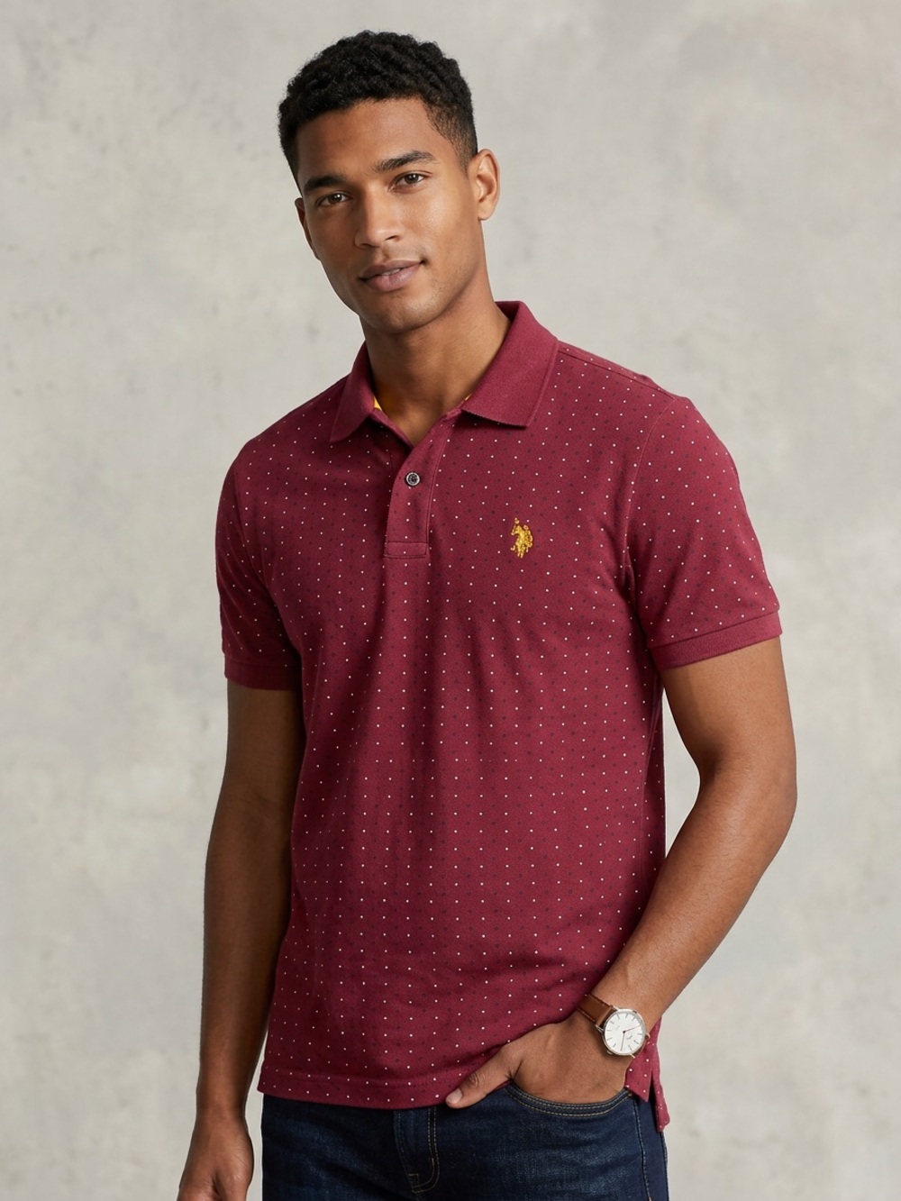U.S. Polo Assn. Men's Burgundy Polka Dot Short Sleeve Collared Polo Shirt S
